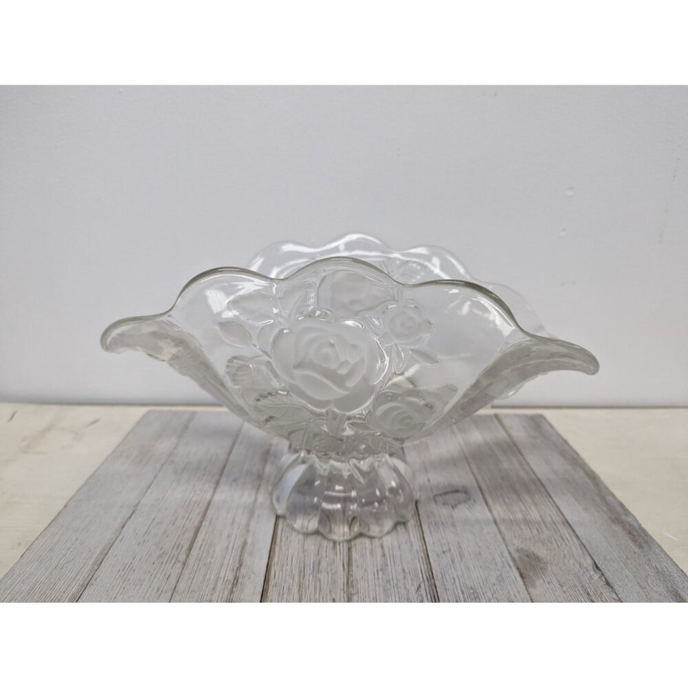 Embossed Rose Glass Banana Boat Footed Fruit Bowl 12" x 6" Flower Roses